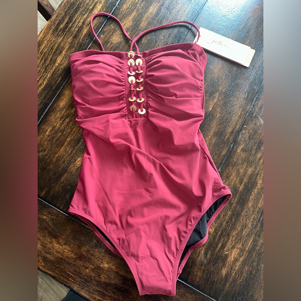 NWT Wine color One-Piece Gottex Swimsuit with Gold metal Accents